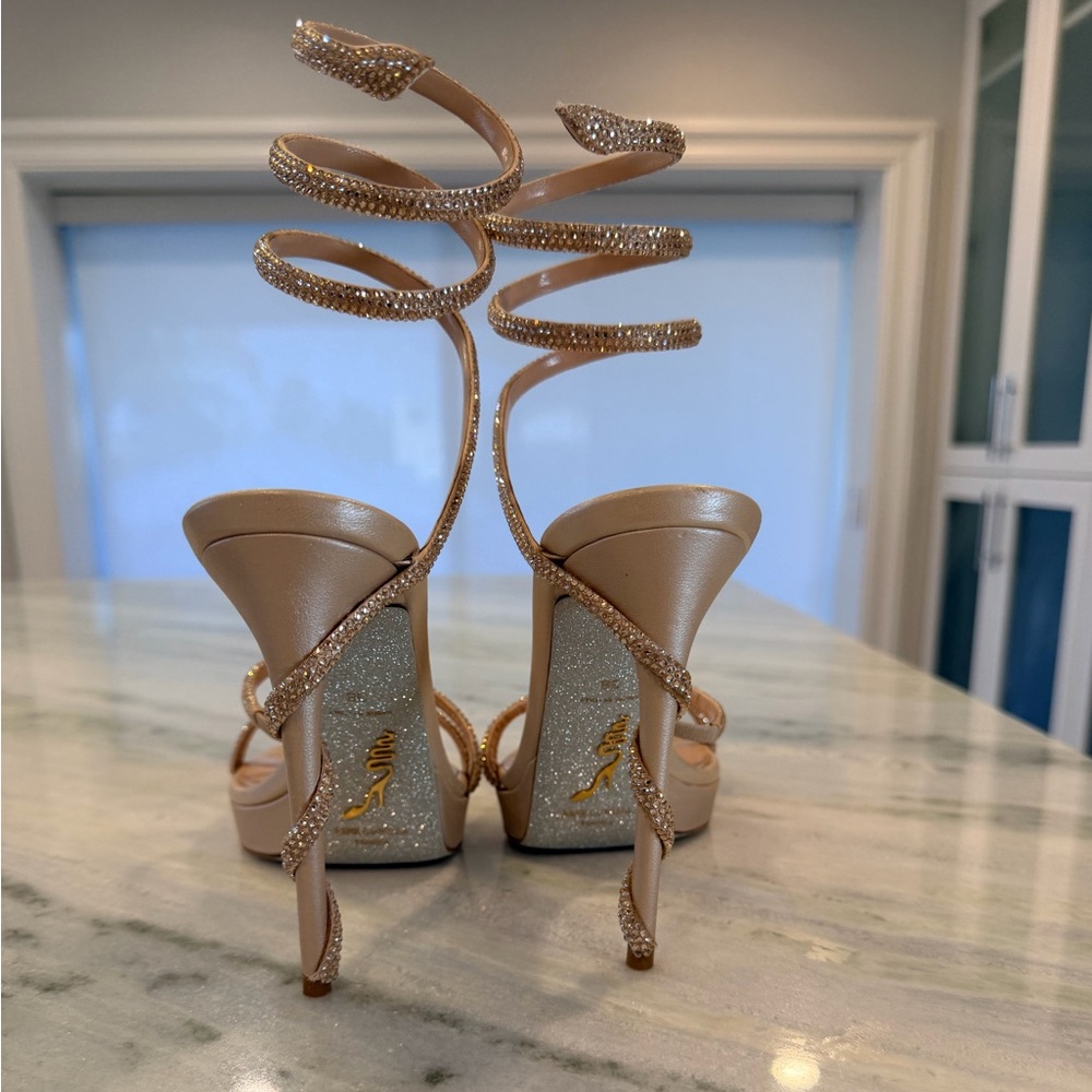 René Caovilla Crystal Spiral Ankle Heels – Nude